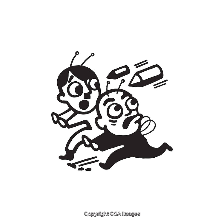 Humorous Black and White Drawing of Alien Characters in Motion