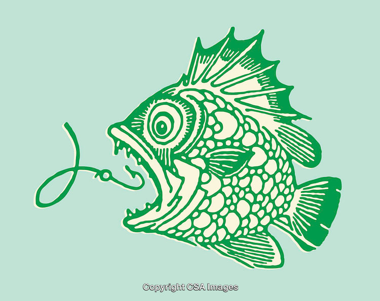 Colorful Line Art Illustration of a Fish with a Hook on Green Background