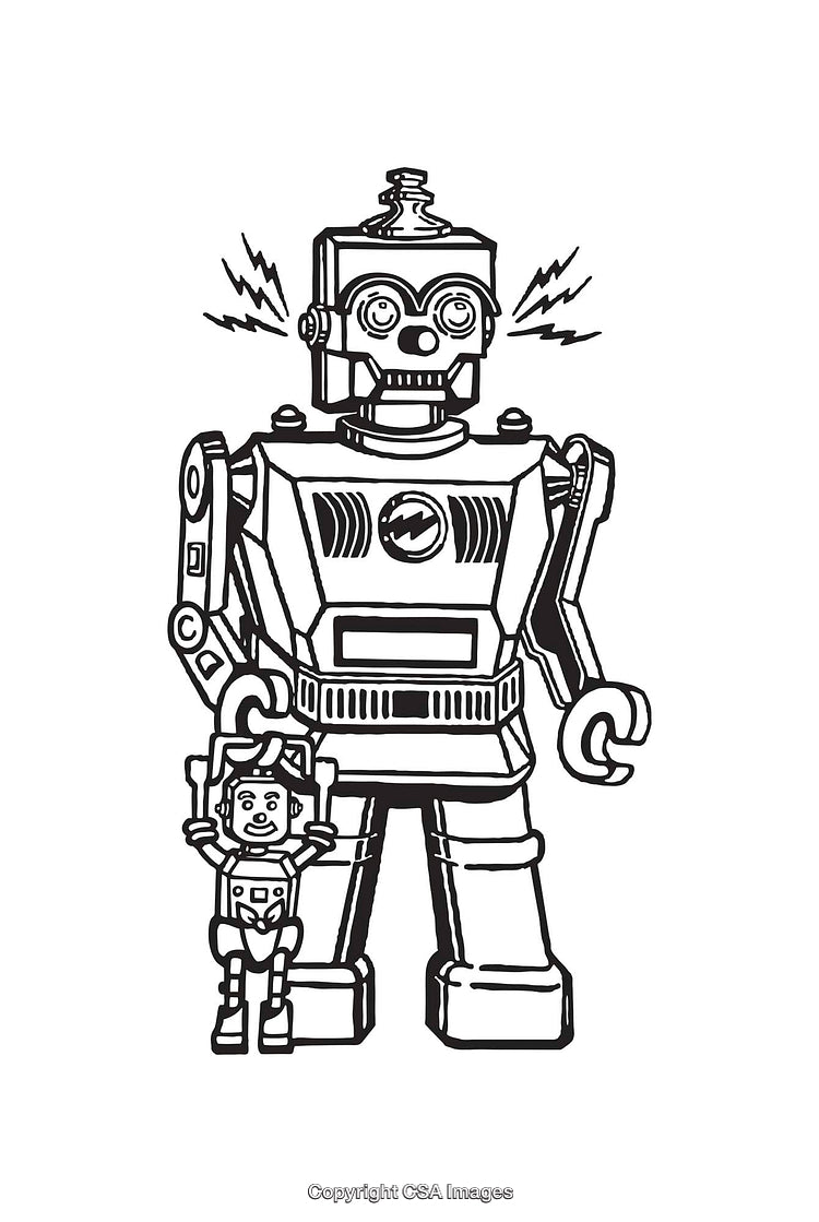 Large Robot Holding a Small Robot Toy in Black and White Illustration