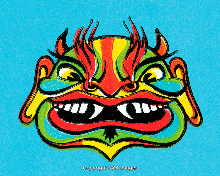 Vividly Colored Traditional Mask Drawing on Blue Background