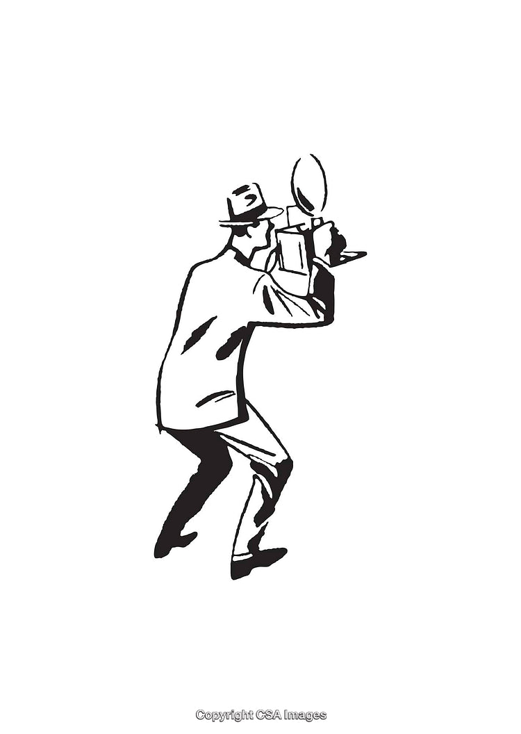 Vintage Black and White Line Art of Photographer in Action