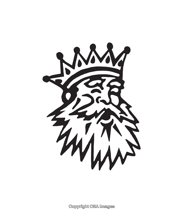 Black and White Line Art Depiction of a Crowned Bearded King Symbol