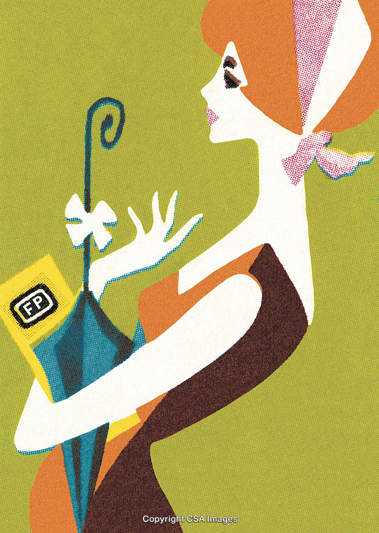 Stylish Retro Illustration of a Woman Holding an Umbrella and a Packet