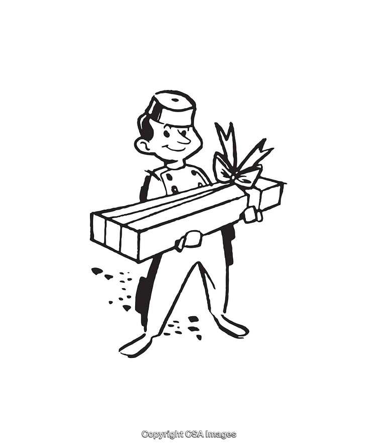 Retro Vintage Bellboy Carrying a Long Gift Box in Black and White Line Art