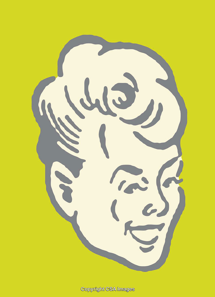 Colorful Line Art Illustration of a Smiling Woman's Face on Yellow Background