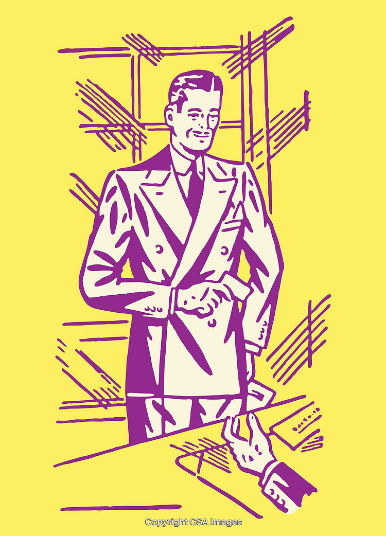 Retro Styled Businessman Illustration in Purple and Yellow Line Art Design