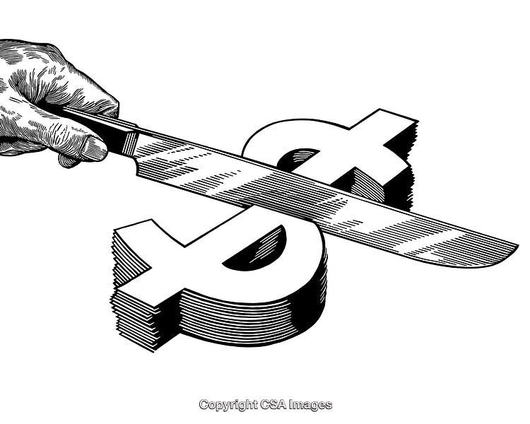 Black and White Engraving Depicting Financial Concept with Dollar and Knife