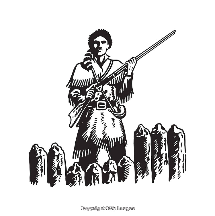 Vintage Style Black and White Pioneer Illustration with Firearm