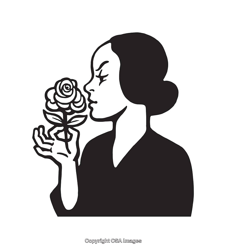 Elegant Black and White Illustration of a Woman Admiring a Rose