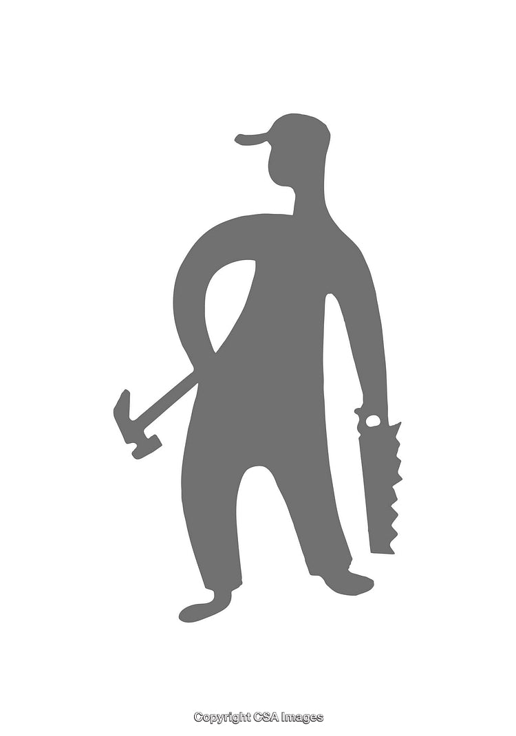 Silhouette of a Worker with Hammer and Saw on White Background