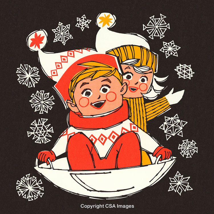 Joyful Children Sledding Amidst Snowflakes in a Festive Winter Scene