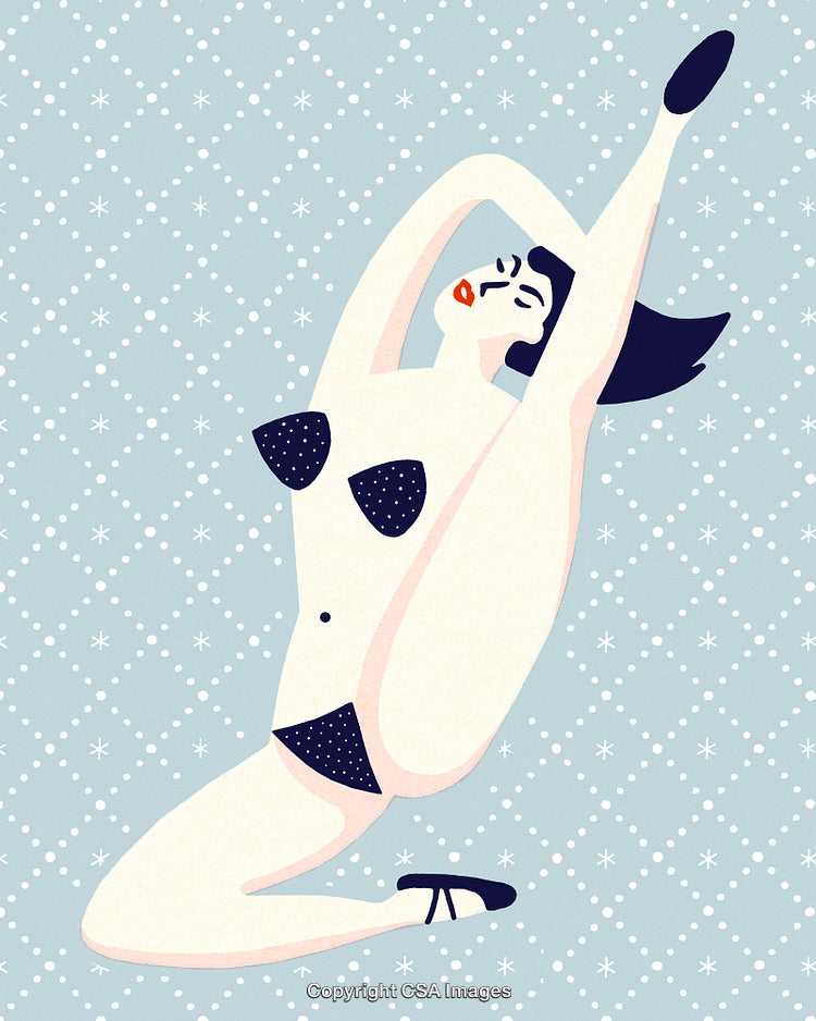 Stylized Woman in Bikini Performing Dance Pose on Patterned Background