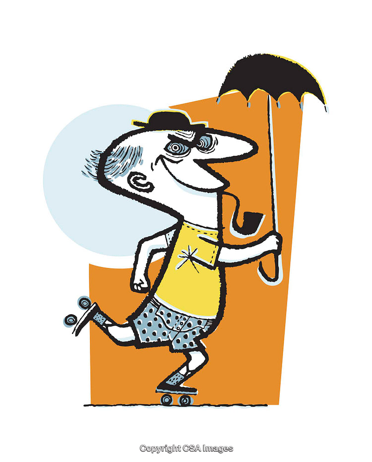 Whimsical Skateboarding Character Holding Umbrella in Colorful Illustration Style