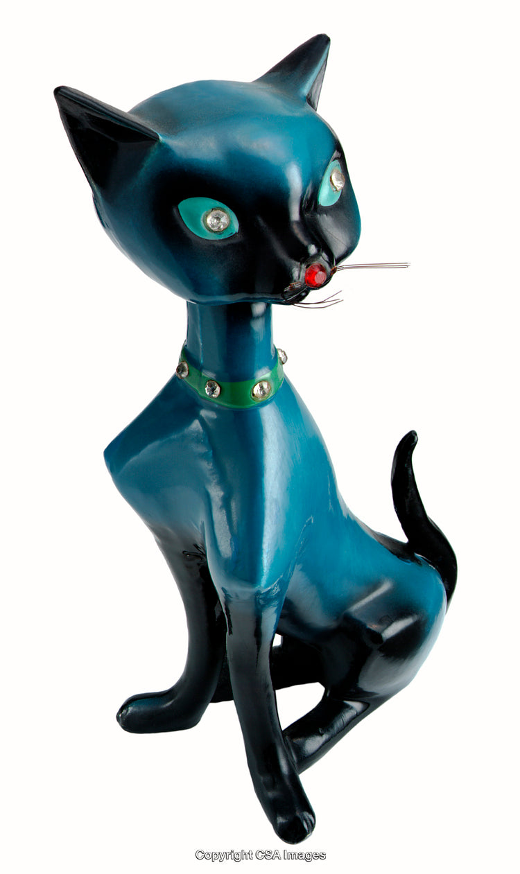 Unique Blue Plastic Cat Figurine with Green Collar and Distinctive Features