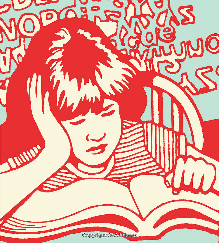 Graphic Illustration of a Child Reading with Textured Design