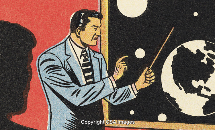 Retro Styled Illustration of Man Teaching Astronomy in Front of Celestial Chart
