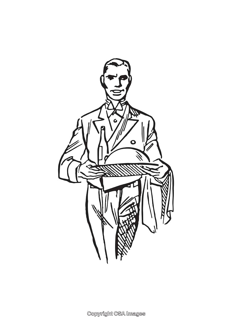 Vintage Butler Holding a Bottle and Tray in Line Art Style