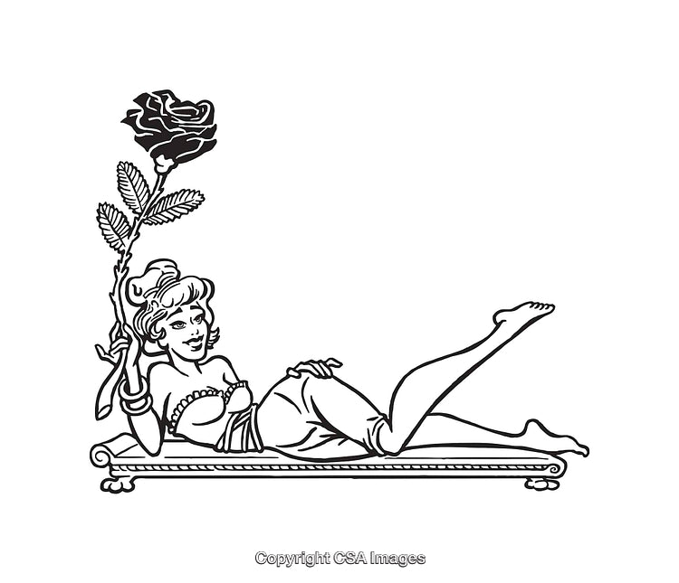 Vintage Line Art Illustration of Woman With Rose on Divan