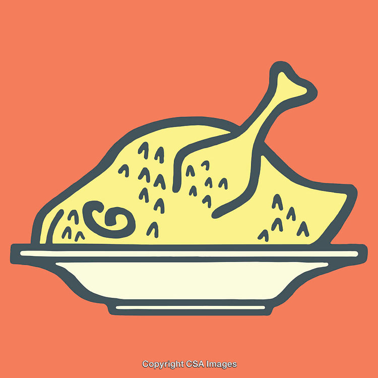 Illustration of Roast Turkey on Platter in Simple Line Art Style