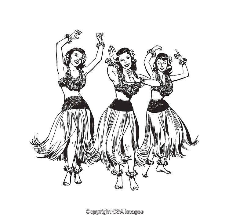Black and White Illustration of Hawaiian Hula Dancers Performing Traditional Dance