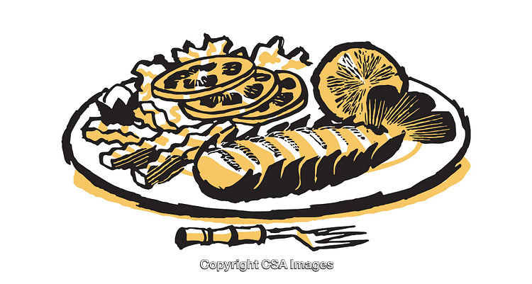 Colorful Illustrated Plated Meal with Fish, Vegetables, and Orange Garnish