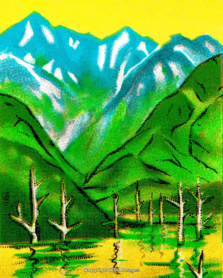 Illustrated Mountain Landscape with Snowcapped Peaks and Verdant Green Valleys