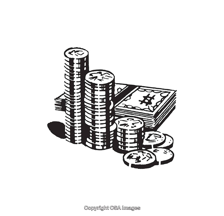 Black and White Illustration of Coins and Paper Money Stacks