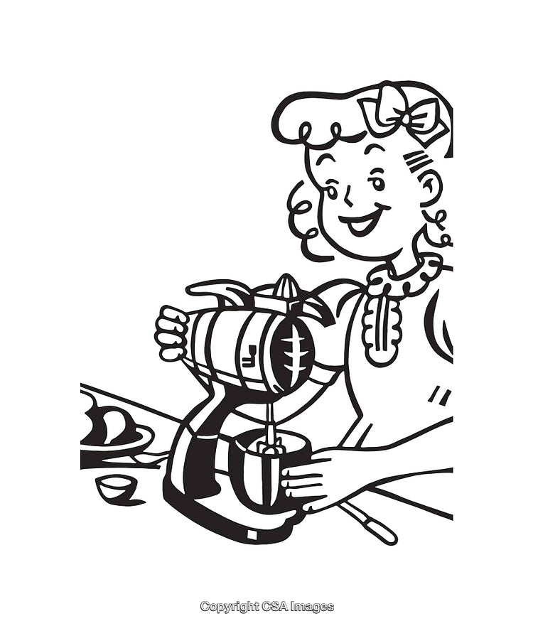 Vintage Line Art of Woman Using Electric Mixer in Kitchen Scene