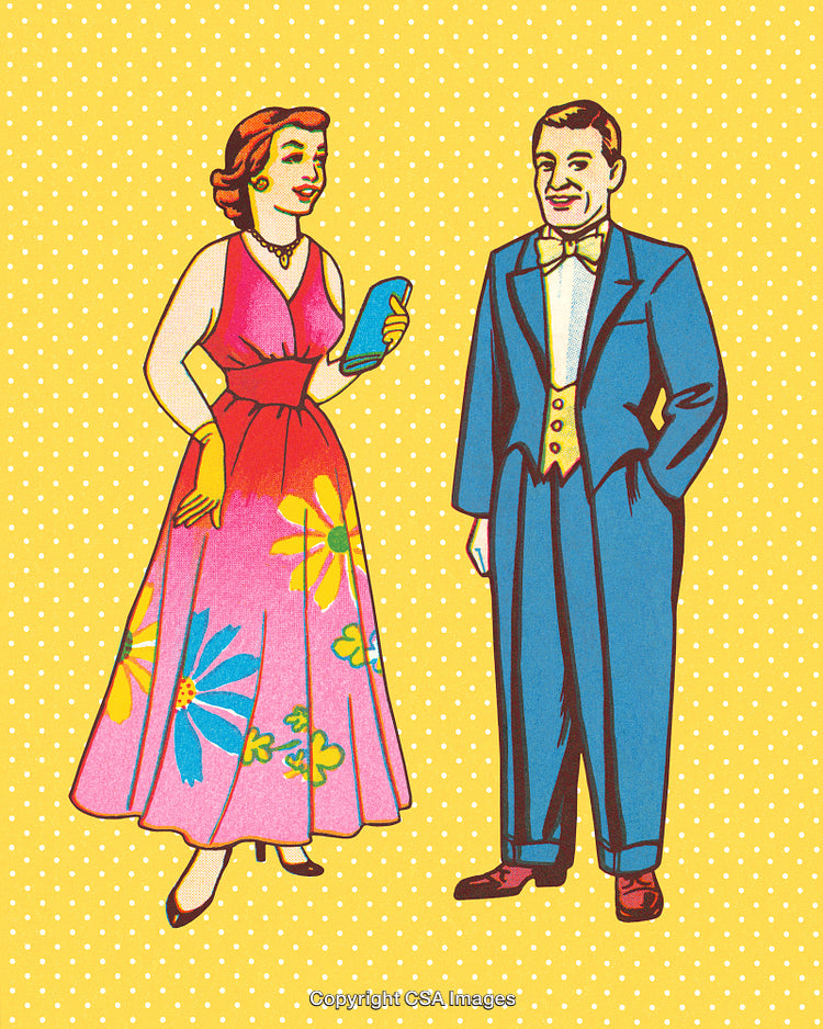 Retro Illustration of a Couple in Vintage Formal Attire on Yellow Background