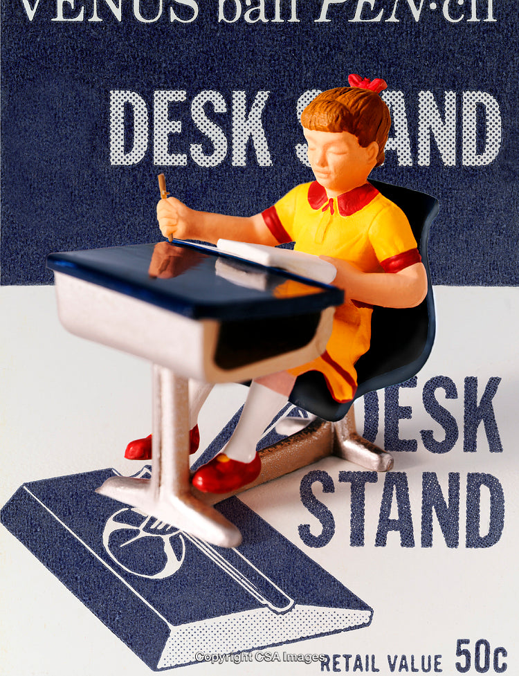 Vintage Toy Figure of a Child Writing at a School Desk Stand