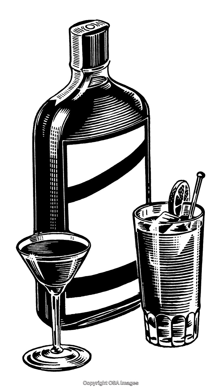Elegant Black and White Engraving of Beverage Bottles and Glassware