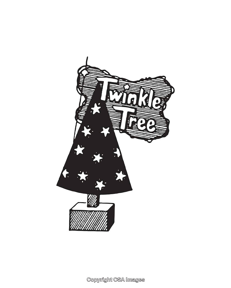 Black and White Line Art of Decorative Star-Covered Tree and Sign