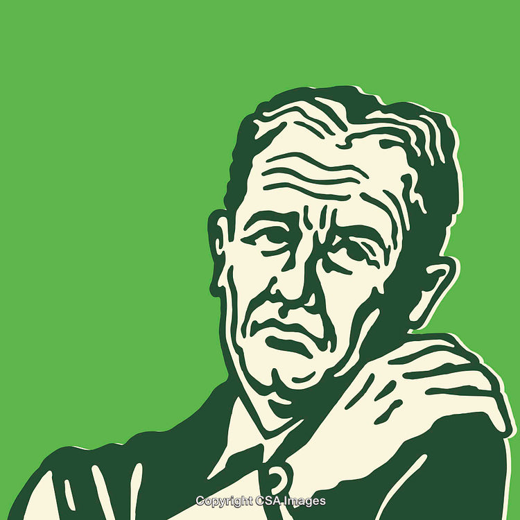 Retro Style Illustration of Man Expressing Discomfort Holding Shoulder