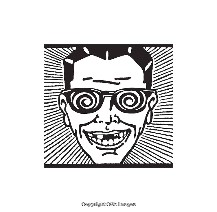 Black and White Illustration of a Smiling Man with Spiral Glasses