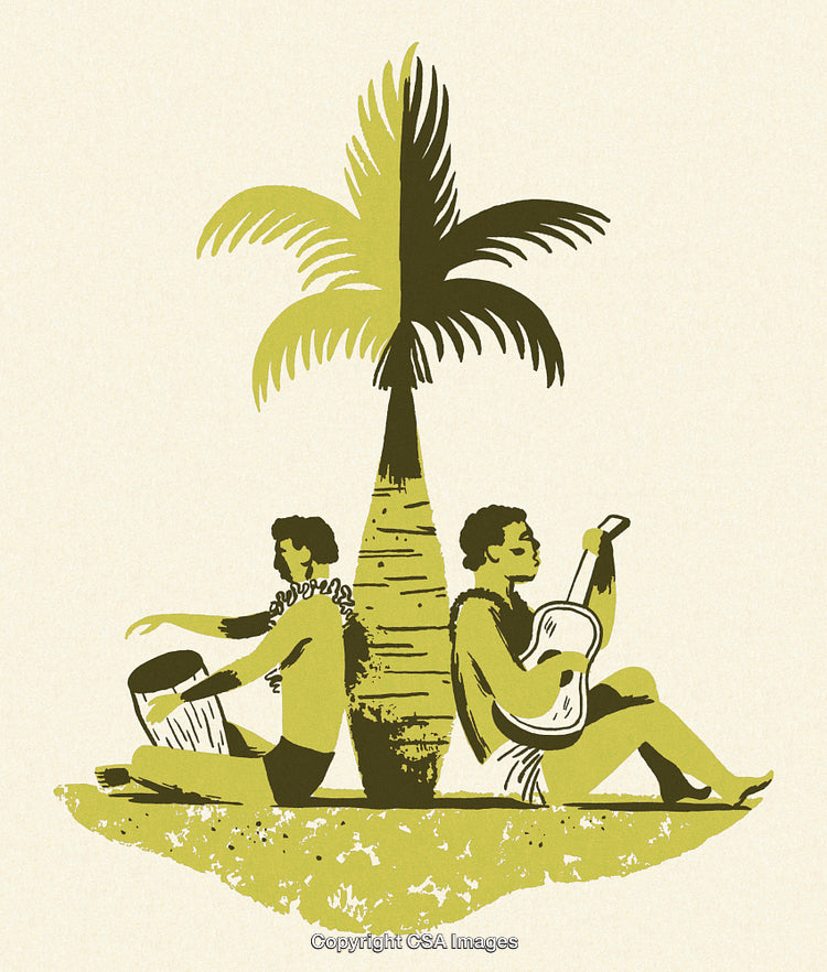 Tropical Illustration of Musicians Sitting Under a Palm Tree