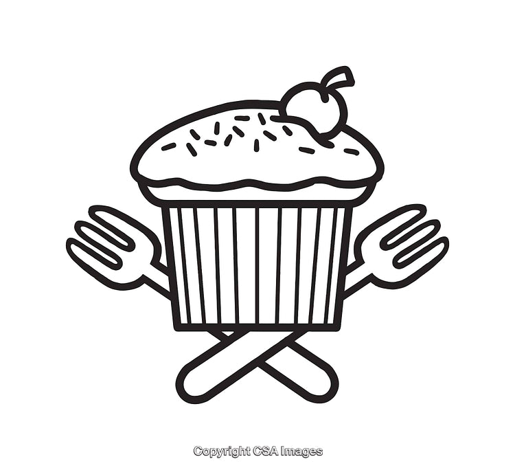 Black and White Line Art of Cupcake and Forks