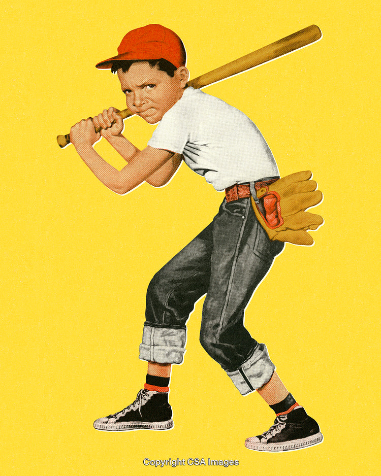 Young Baseball Player Ready to Bat in Vintage Art Style Illustration