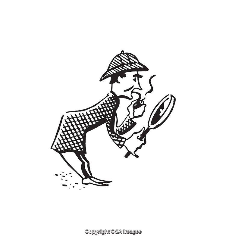 Black and White Illustration of Detective with Pipe and Magnifying Glass