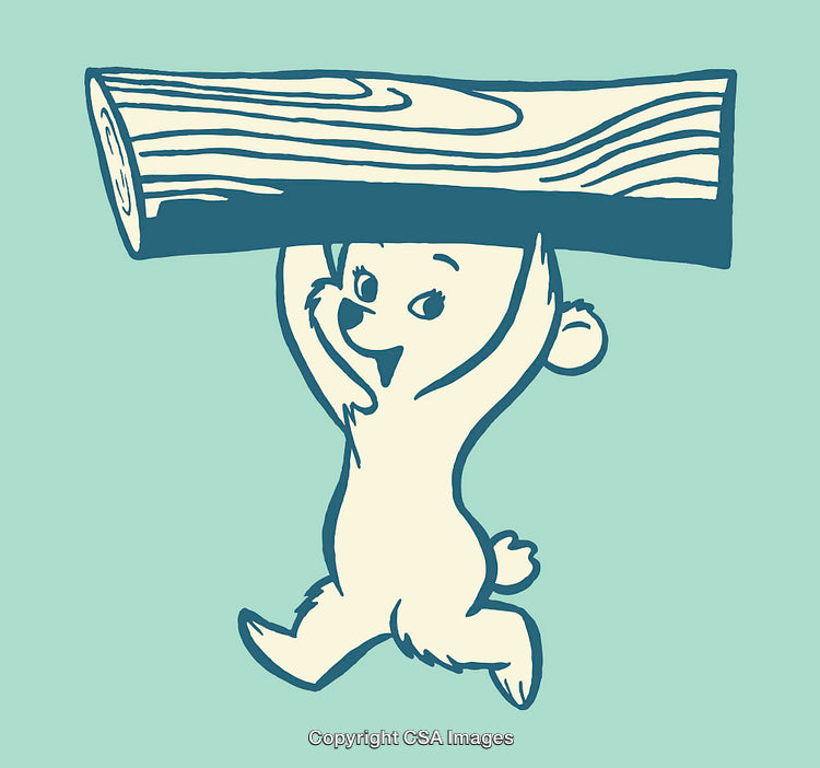 Cute Cartoon Bear Carrying a Wooden Log in Retro Style Line Art