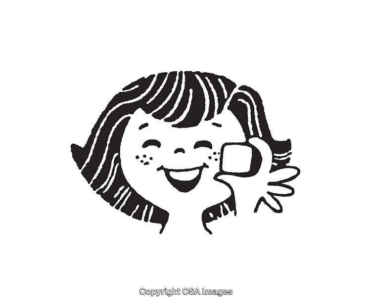 Black and White Cartoon Illustration of Smiling Girl with Freckles