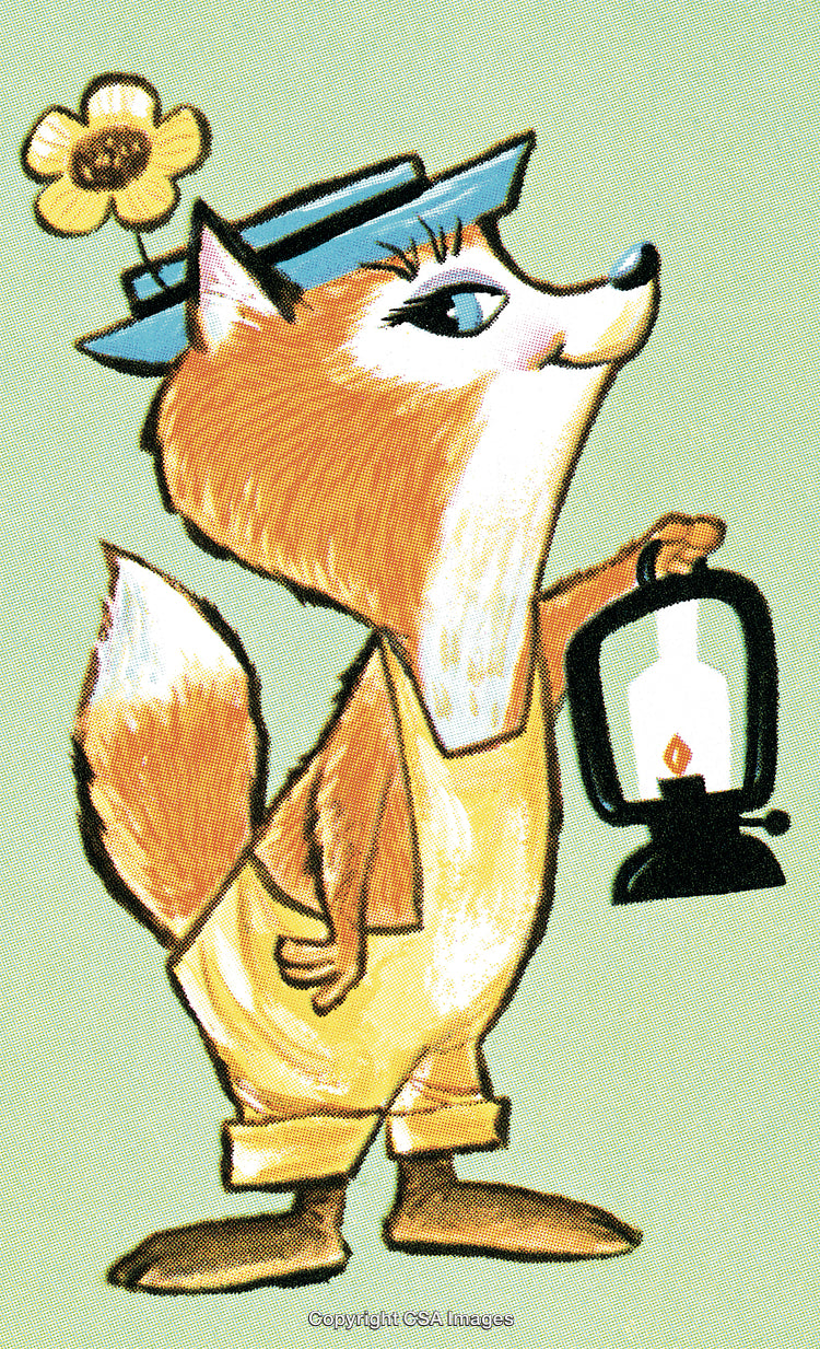 Cartoon Fox Wearing Hat and Holding Lantern on Pastel Background