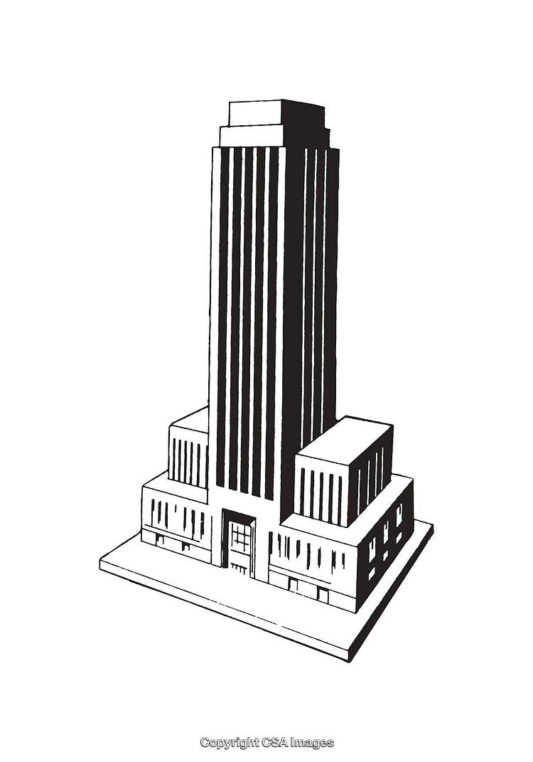 Black and White Line Art Illustration of a Tall Office Building Design