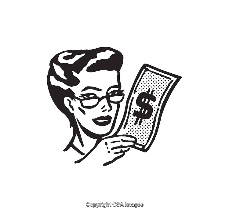 Retro Woman Holding Dollar Bill in Black and White Cartoon Style