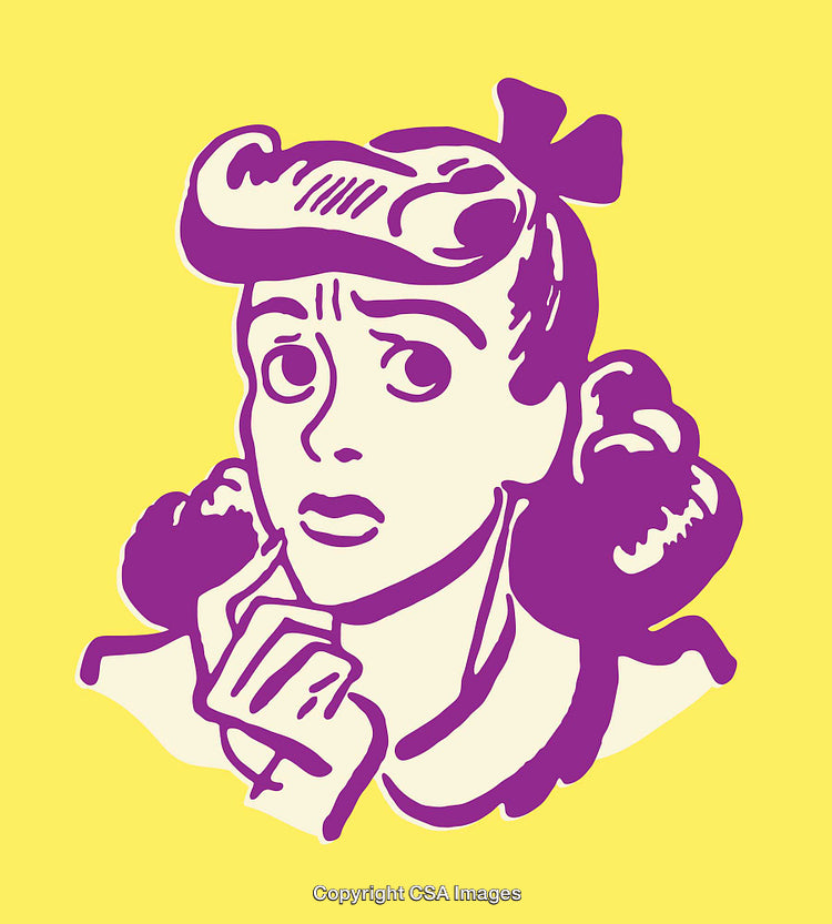 Retro Style Illustration of a Thoughtful Woman on a Yellow Background