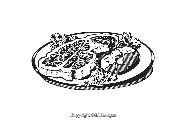 Retro Black And White Line Art of a Steak Dinner On Plate