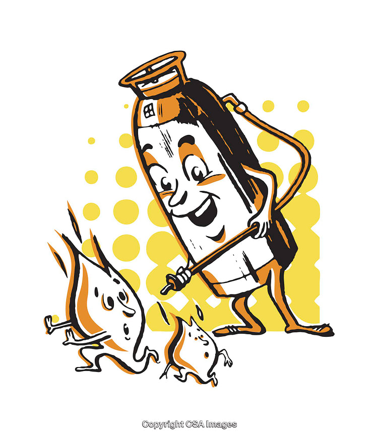 Playful Fire Extinguisher Character Interacting with Animated Flames in a Fun Scene