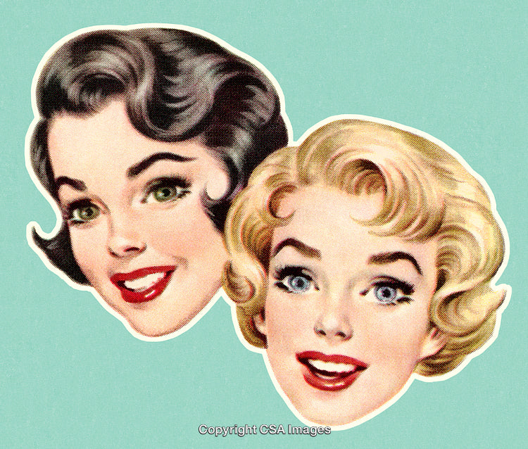 Vintage Illustration of Two Smiling Women on a Teal Background