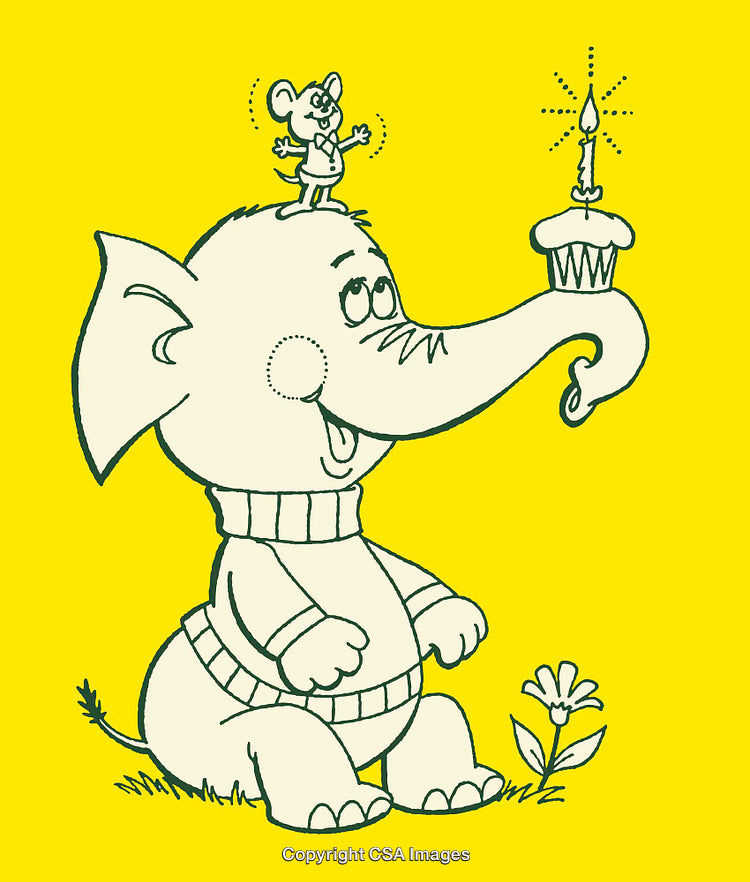 Cute Elephant and Mouse with Cupcake Birthday Illustration