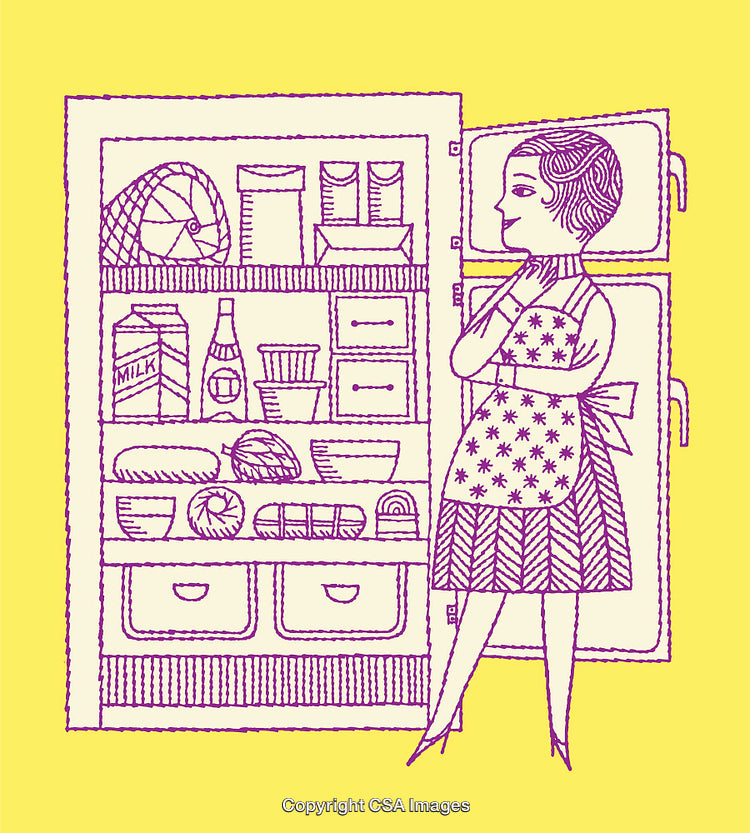 Retro Illustrated Woman Admiring a Fully Stocked Refrigerator in Line Art Style