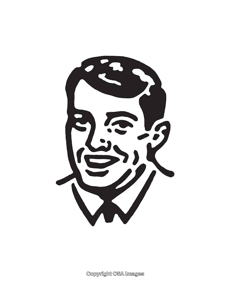 Retro Black and White Illustration of a Smiling Businessman in Line Art